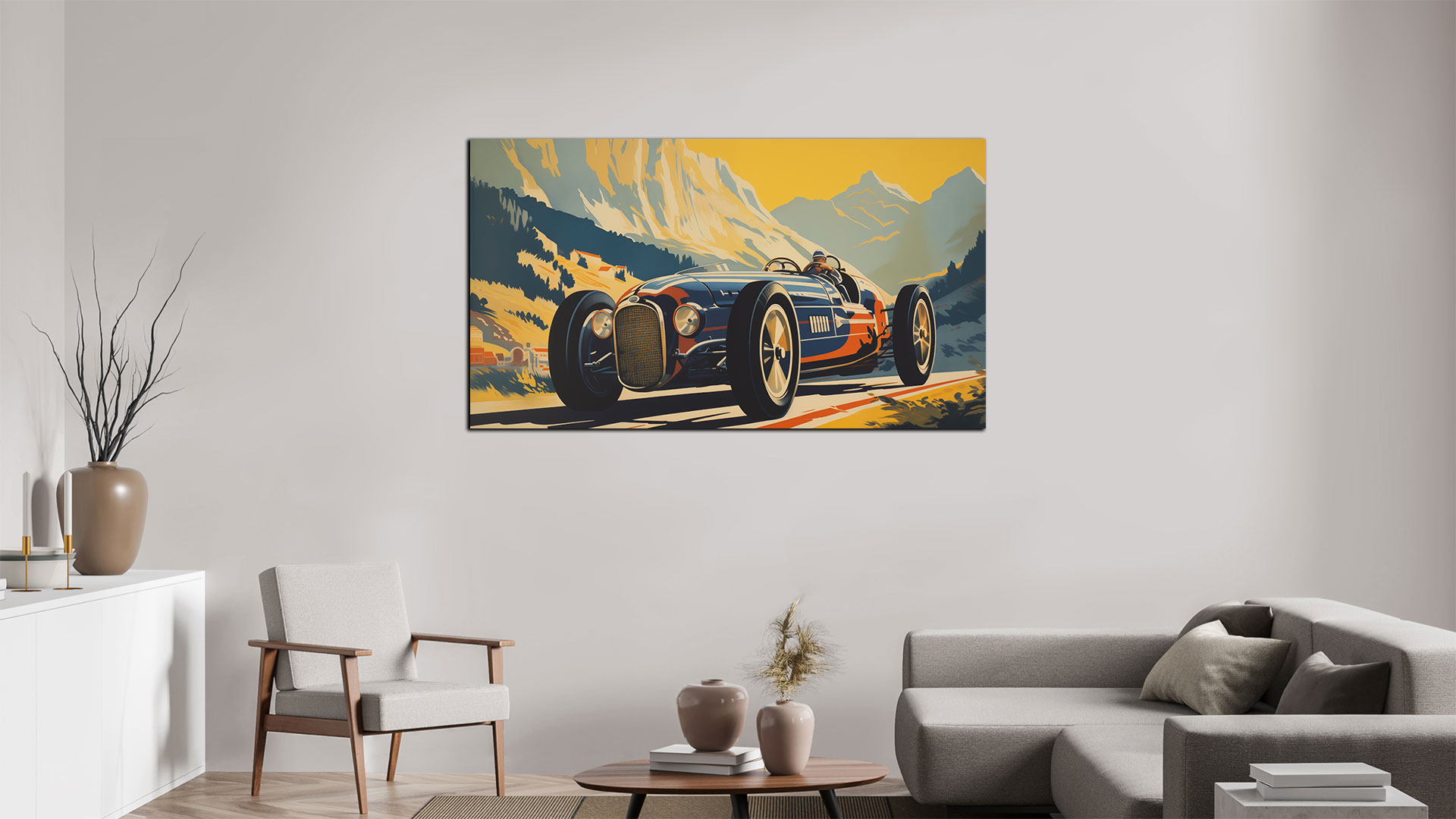 Vintage Car Racing 04 - Wohnlandschaft, ein Beispiel als Poster oder Druck auf Alu-Dibond mit oder ohne Rahmen